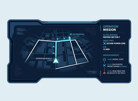 Futuristic tactical HUD interface showing a 3D city navigation map, mission.. Illustrazione stock