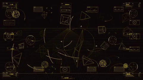 Futuristic Tactical HUD Interface with Yellow Wireframe Geometry and Complex Stock Footage 334453092