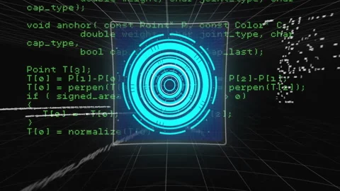 Futuristic target animation over programming code in grid-like virtual Stock Footage 303877655