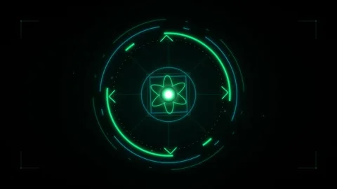 Futuristic targeting reticle with a glowing green atom symbol at the center.. 動画素材 335826657