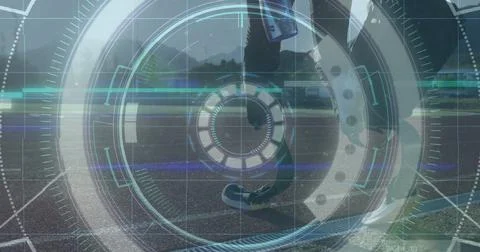 Futuristic targeting system image over person riding bicycle on road Ilustração Stock