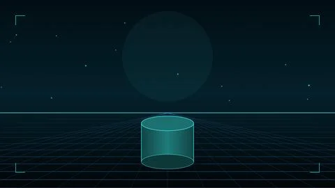 Futuristic teal cylinder on grid-patterned sci-fi landscape Stock Illustration