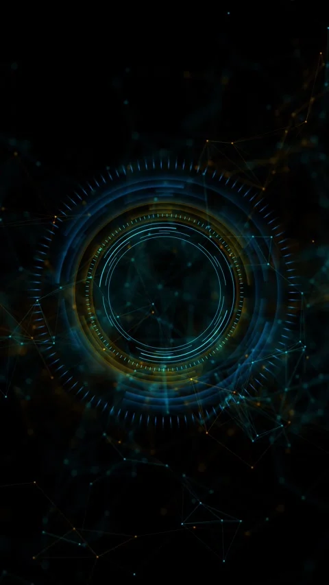 Futuristic teal ring interface circular gauges, nodes, polygon links, smoky dark Stock Footage 340397538