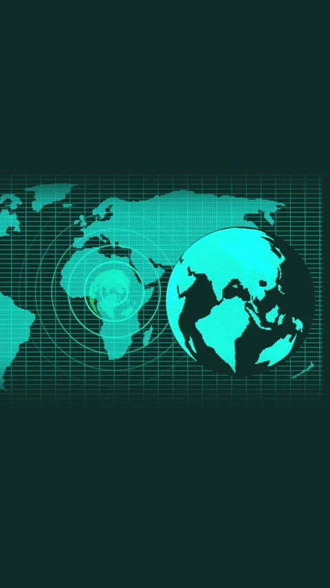 Futuristic teal world map on grid with concentric radar circles and a 3d gl.. Stock Footage 344733319