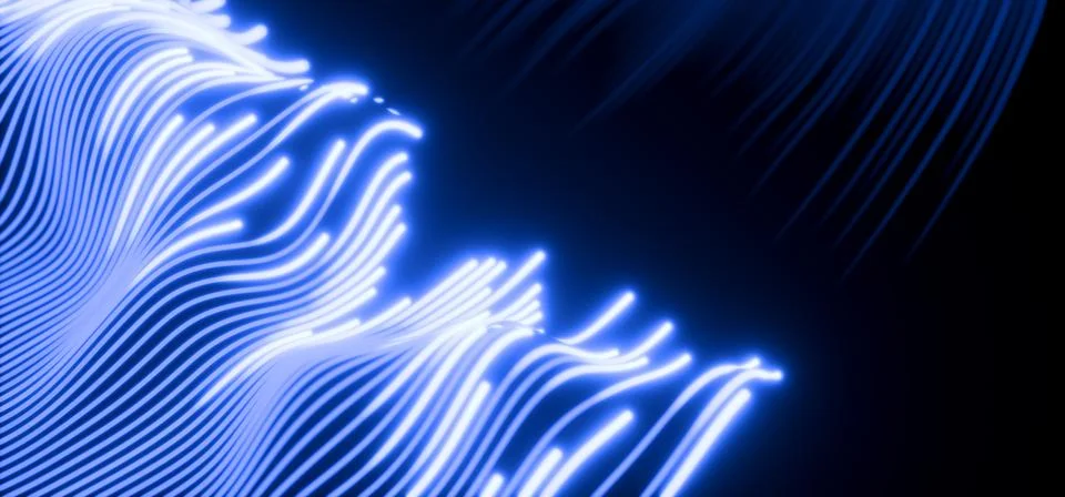 Futuristic tech dark 3D background with light blue glowing energy flow. Neon Stock Illustration