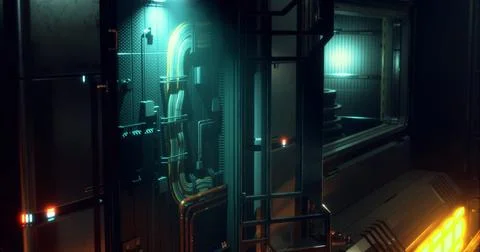 Futuristic tech in a dim, glowing industrial setting Stock Illustration