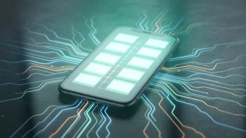 Futuristic tech display. Live data dashboard on device. Smartphone showcasing Stock Footage 330039545