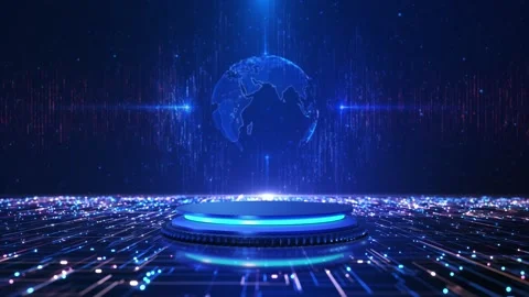 Futuristic tech HUD hologram grid podium. abstract waves, glowing mesh curves, d Stock Footage 341902945