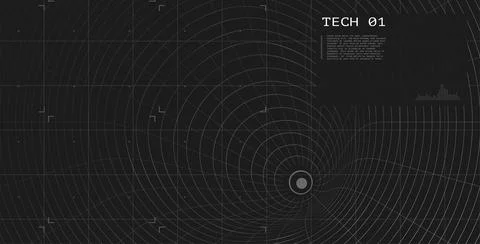 Futuristic tech HUD with warped circular grid and target center. Digital sci fi Illustrazione stock