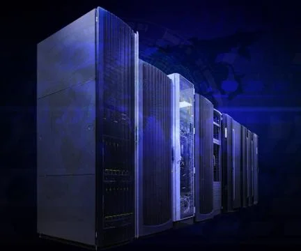 Futuristic tech scheme on background mainframe of server room in data center Stock Photos