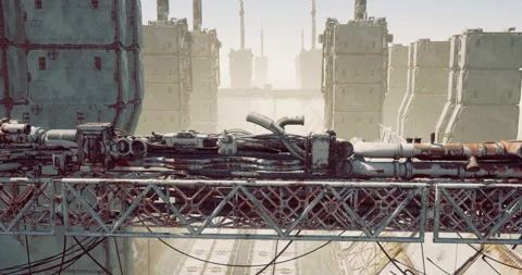 Futuristic tech in a vast, deserted industrial landscape Stock Footage 325071497