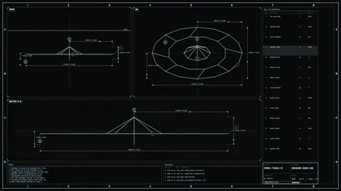 Futuristic technical blueprint HUD interface displaying sensor disc schemat.. Stock Footage 334111042