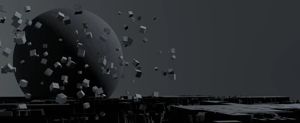 Futuristic techno planet with flying digital cubes background 스톡 일러스트