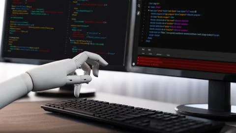 Futuristic technological advance of generative AI generating code. Trailblazing Foto stock