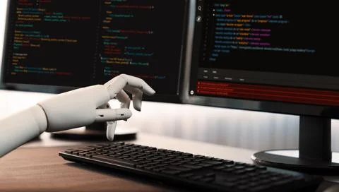 Futuristic technological advance of generative AI generating code. Trailblazing Stock Photos