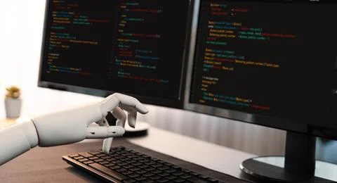 Futuristic technological advance of generative AI generating code. Trailblazing Foto stock