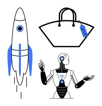 Futuristic Technology and Shopping Concept with Rocket, AI Robot, and Shopp.. Stock Illustration