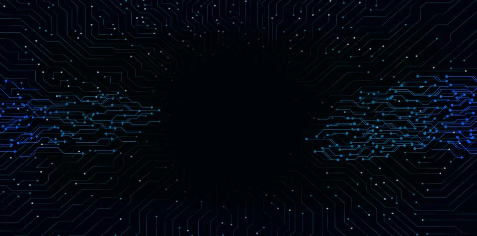 Futuristic technology background with abstract circuit board pattern and gl.. Illustrazione stock