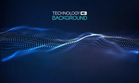 Futuristic technology background with flowing digital wave and blue dot pattern Stock Illustration