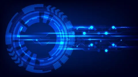 Futuristic technology background with glowing blue digital hud circle inter.. Ilustração Stock