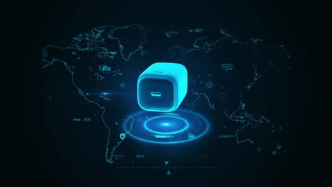 Futuristic Technology: Blue Digital Charger Overlay on World Map Design Vídeos de archivo 342948897
