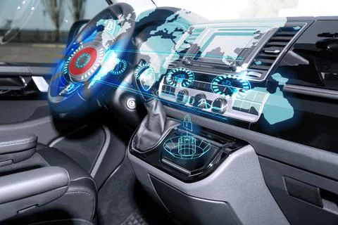 Futuristic technology. Car interior with graphical user interface Stock Photos