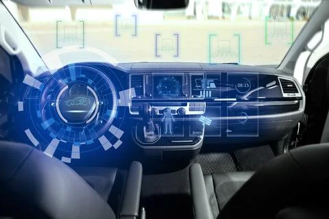 Futuristic technology. Car interior with graphical user interface Stock Photos