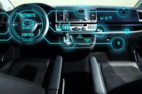 Futuristic technology. Car interior with graphical user interface Stock Photos