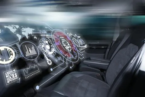 Futuristic technology. Car interior with graphical user interface Stock Photos