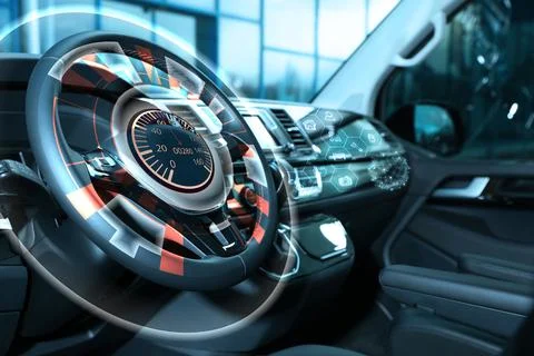 Futuristic technology. Car interior with graphical user interface Stock Photos