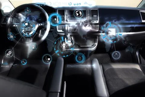 Futuristic technology. Car interior with graphical user interface Stock Photos