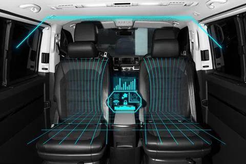 Futuristic technology. Car interior with graphical user interface Stock Photos