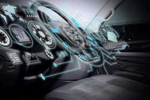 Futuristic technology. Car interior with graphical user interface Stock Photos
