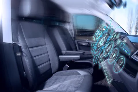 Futuristic technology. Car interior with graphical user interface Stock Photos
