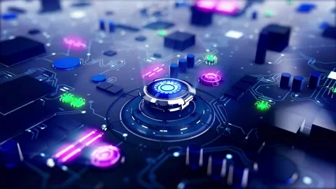 Futuristic Technology Circuit Board with Neon Blue and Purple Lights Video stock 305306628