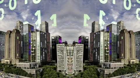 Futuristic technology city with code and data Stock Footage 318585349