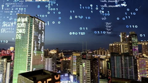 Futuristic technology city with code and vr headset woman Stock Footage 318793823