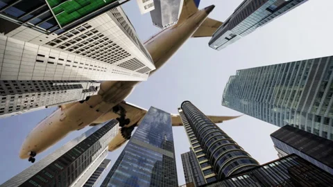 Futuristic technology city with code and data and airplane Stock Footage 319863357