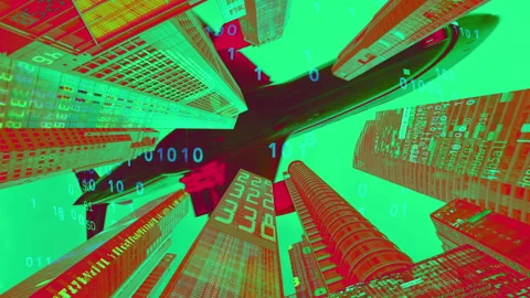 Futuristic technology city with code and data and airplane Stock Footage 319863506