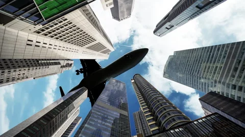 Futuristic technology city with code and data and airplane Stock Footage 319863612