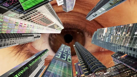 Futuristic technology city with code and data and glitching eyes Video stock 319863633