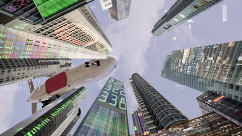 Futuristic technology city with code and data and airplane Stock Footage 319863752