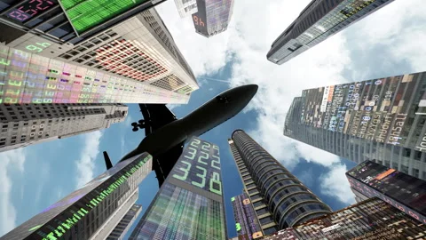 Futuristic technology city with code and data and airplane Stock Footage 319863805
