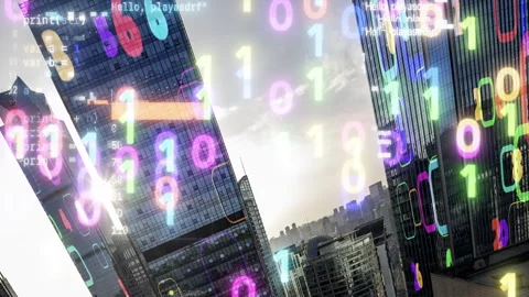 Futuristic technology city with overlayed code and data Stock Footage 315442039