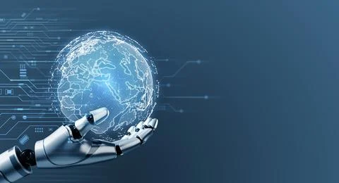 Futuristic technology concept with robotic hand hold digital world globe an.. Stock Photos