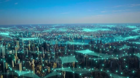 Futuristic technology data nodes and 5G network connecting urban skyscrapers Video stock 347233540