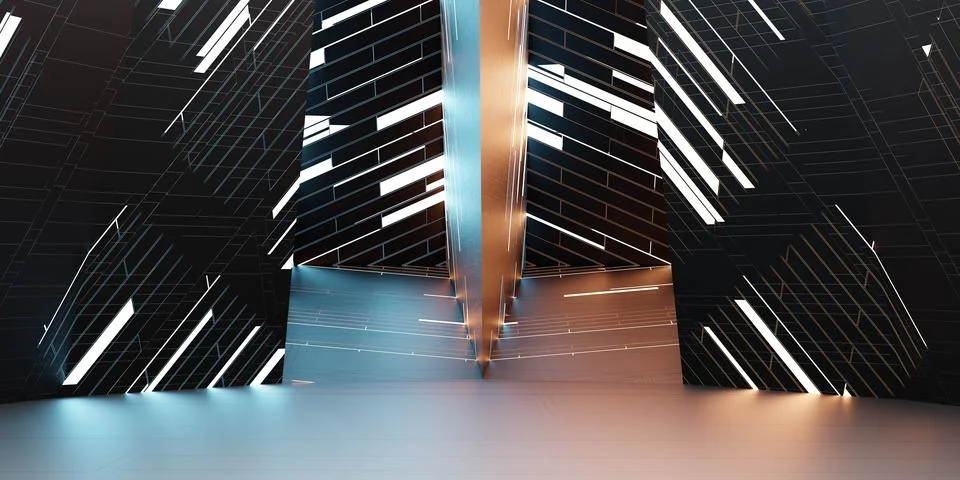 Futuristic technology design studio building interior with dark metallic surface Ilustración de archivo