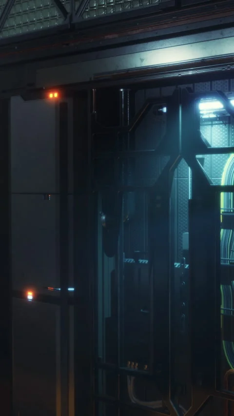Futuristic technology display in dark environment with glowing lights and wires Stock Footage 334886189