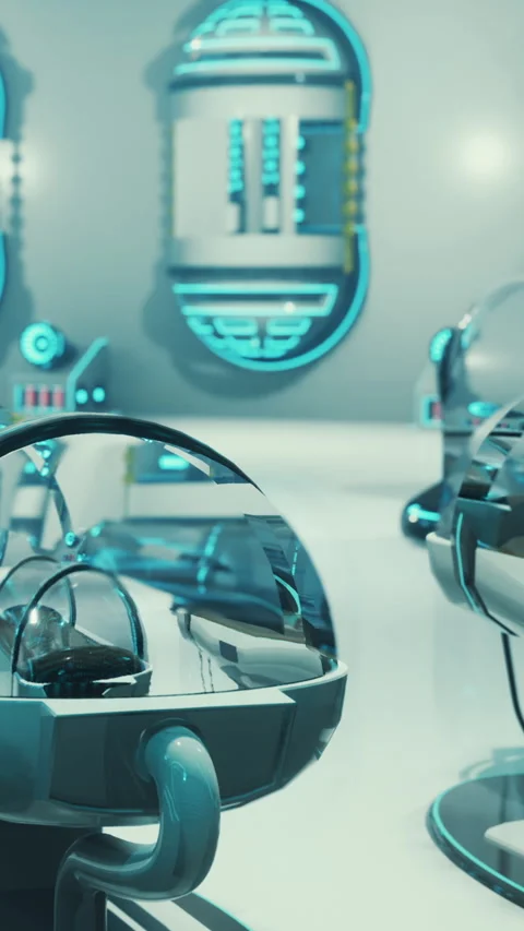Futuristic technology display in a modern lab with sleek equipment and screens Stock Footage 335691295