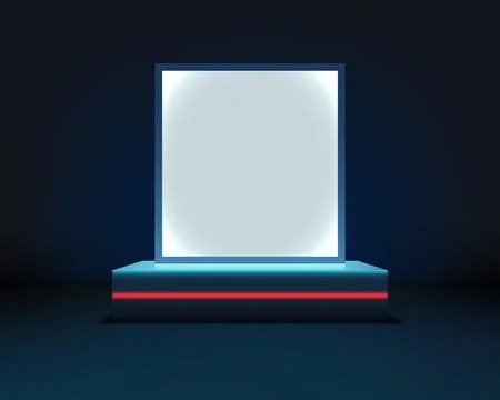 Futuristic Technology Display with Neon Blue Light on a Podium in a Dark Sc.. Stock Illustration